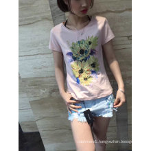 Summer Flower Embroidered Pink Lovely Women T-Shirt